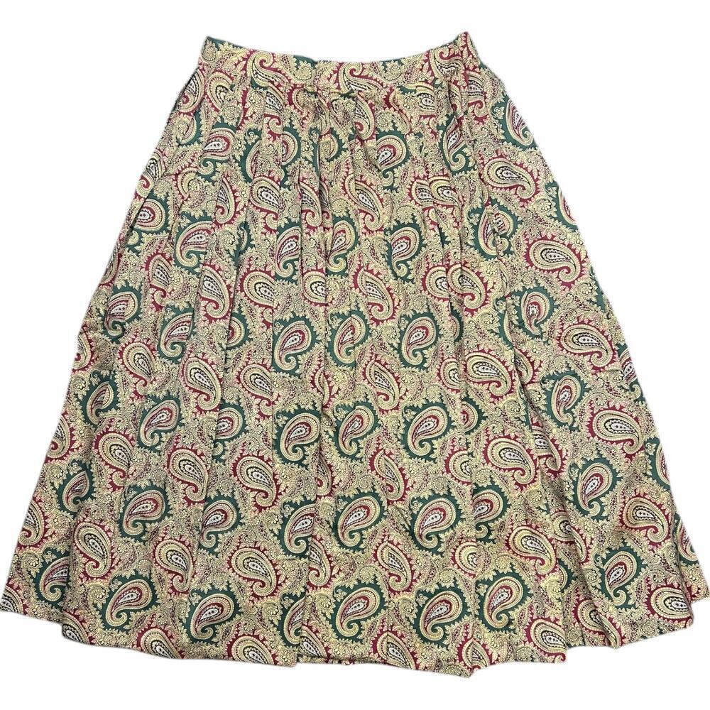 Vintage 50's 60's Coco Shop Antigua WI Paisley Pleated Midi Skirt Green Red